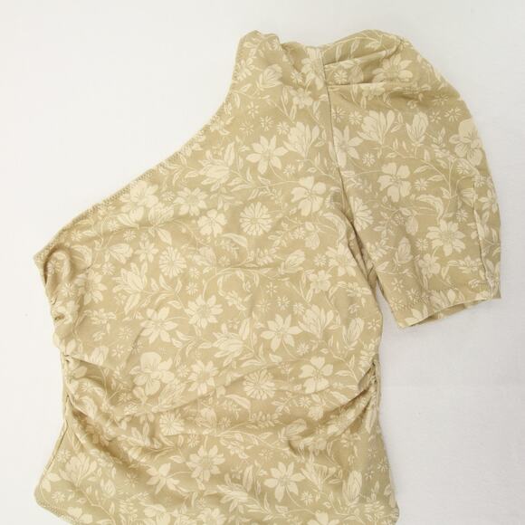 Intimately Free People Bodysuit One Shoulder Puff Sleeve Floral Green Tan NWT L - Picture 3 of 12